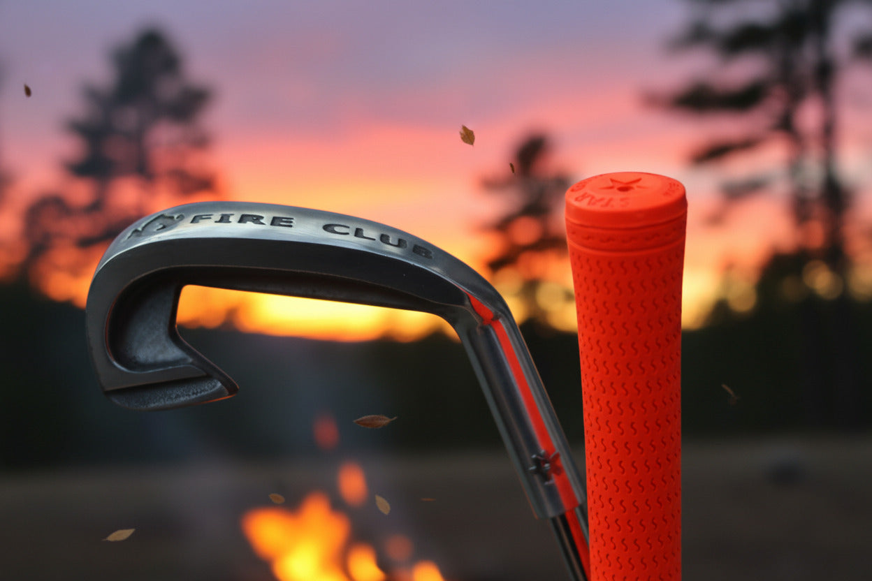 Close-up of a fire poker golf club head with the text 'FIRE CLUB' visible, alongside an orange textured grip, set against a blurred background of fire flames.
